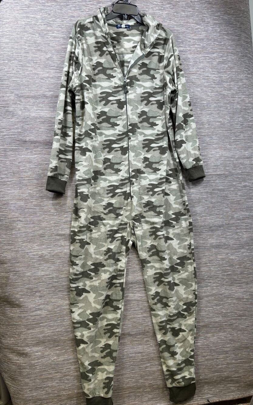 Sleep Hero Fleece One Piece Pajama Suit Mens L Green Camo Hooded Zip Front NEW